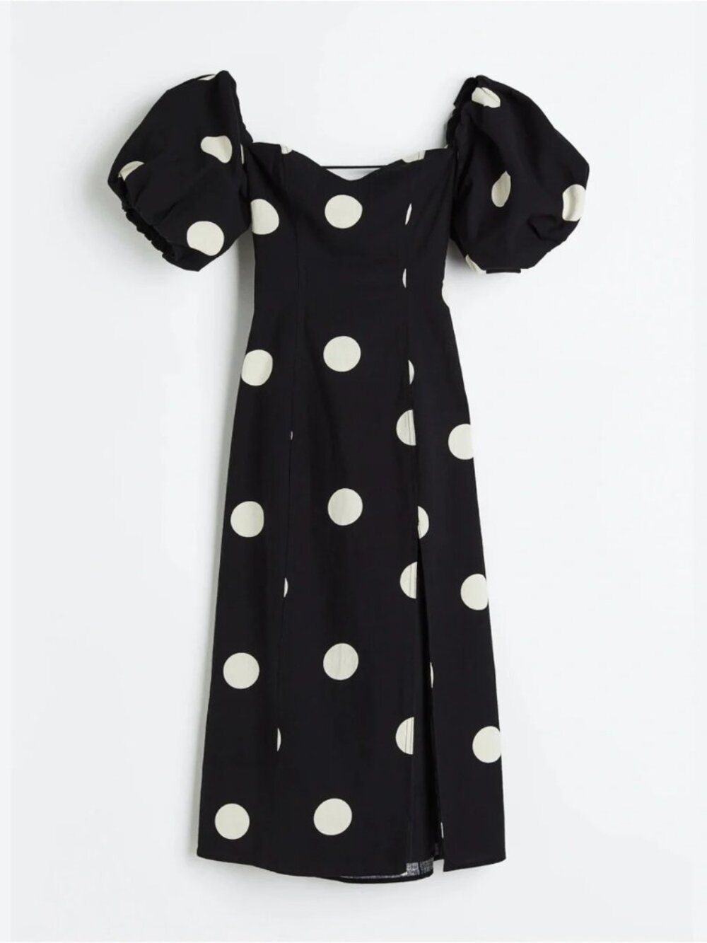 H&M linen puff sleeve polka dot midi dress Med Summer Wedding Black White Lace